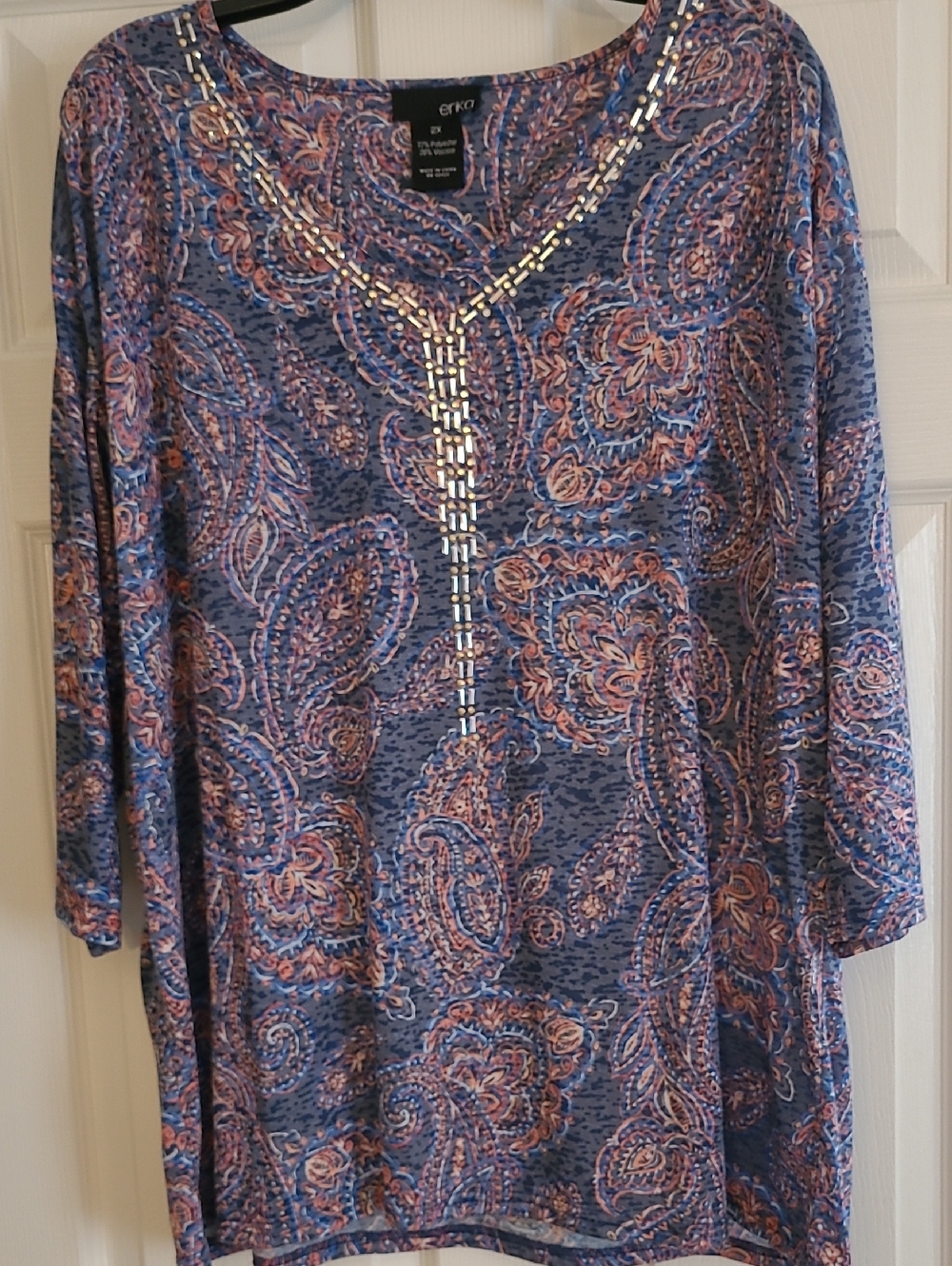 Erika Blue Paisley Embellished V-Neck Top